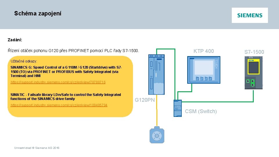 Schéma zapojení Zadání: Řízení otáček pohonu G 120 přes PROFINET pomocí PLC řady S