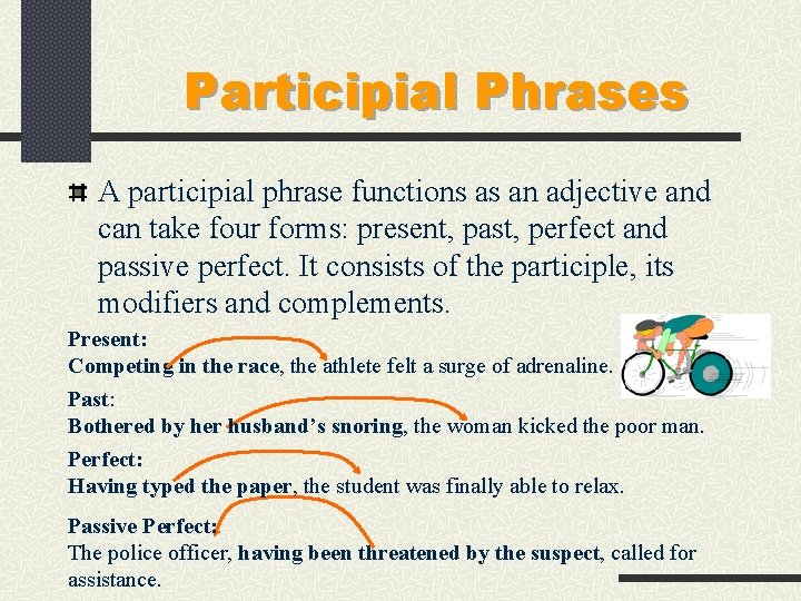 Participial Phrases A participial phrase functions as an adjective and can take four forms: