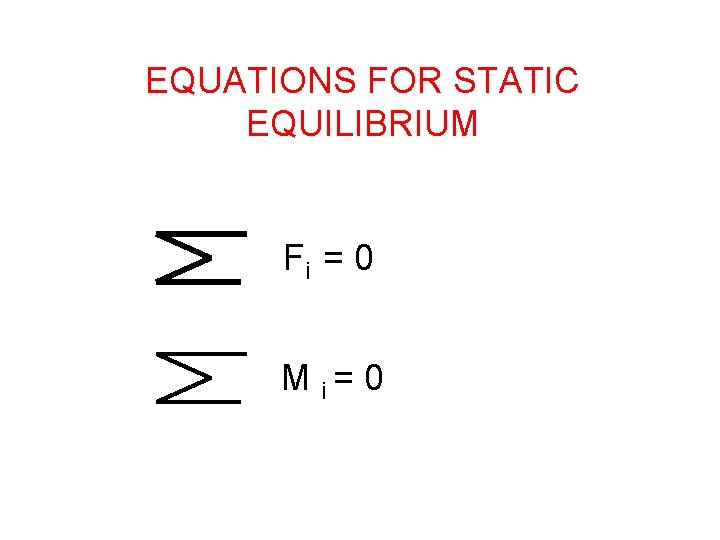 EQUATIONS FOR STATIC EQUILIBRIUM Fi = 0 M i= 0 
