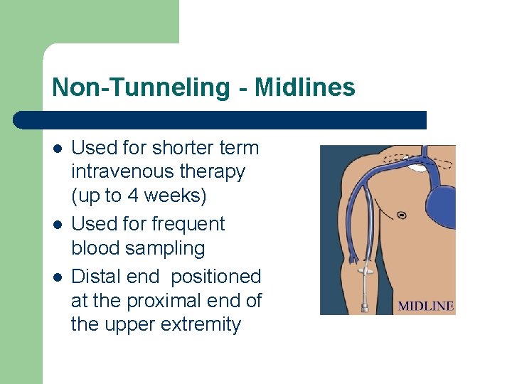 Non-Tunneling - Midlines l l l Used for shorter term intravenous therapy (up to