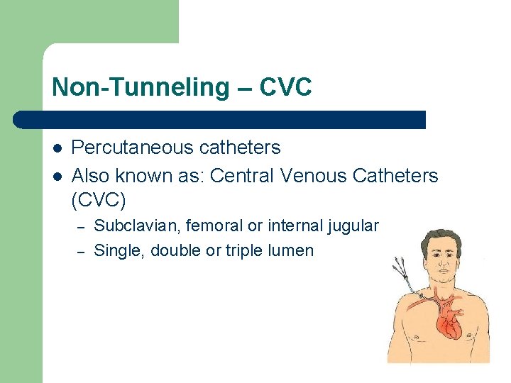 Non-Tunneling – CVC l l Percutaneous catheters Also known as: Central Venous Catheters (CVC)