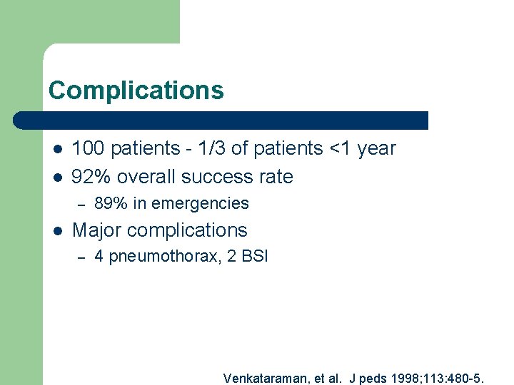 Complications l l 100 patients - 1/3 of patients <1 year 92% overall success