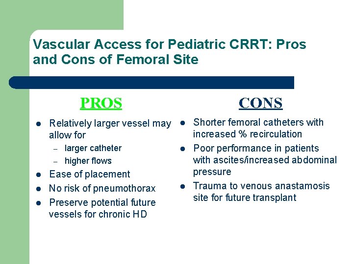 Vascular Access for Pediatric CRRT: Pros and Cons of Femoral Site PROS l Relatively