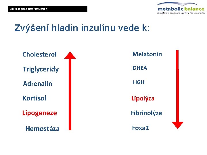 Basics of blood sugar regulation Zvýšení hladin inzulínu vede k: Cholesterol Melatonin Triglyceridy DHEA