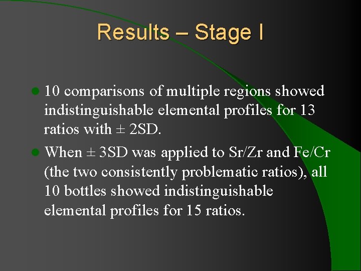 Results – Stage I l 10 comparisons of multiple regions showed indistinguishable elemental profiles