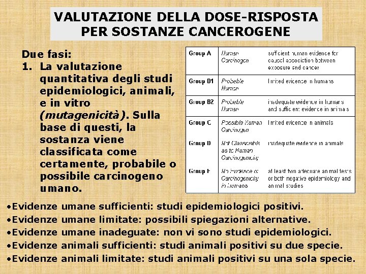 VALUTAZIONE DELLA DOSE-RISPOSTA PER SOSTANZE CANCEROGENE Due fasi: 1. La valutazione quantitativa degli studi