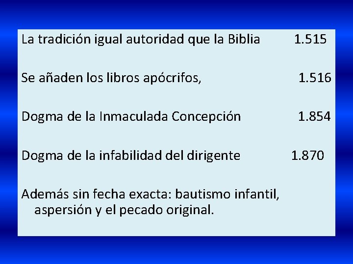 La tradición igual autoridad que la Biblia 1. 515 Se añaden los libros apócrifos, La tradición igual autoridad que la Biblia 1. 515 Se añaden los libros apócrifos,