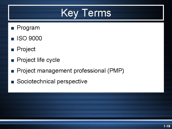 Key Terms < Program < ISO 9000 < Project life cycle < Project management