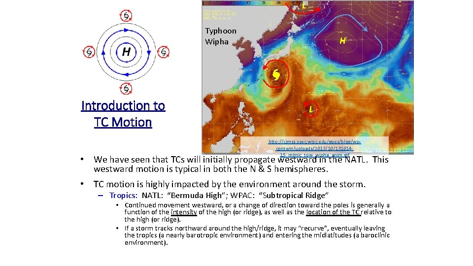 L Typhoon Wipha Introduction to TC Motion H L http: //cimss. ssec. wisc. edu/goes/blog/wpcontent/uploads/2013/10/13101415_mimic_tpw_wipha_anim.