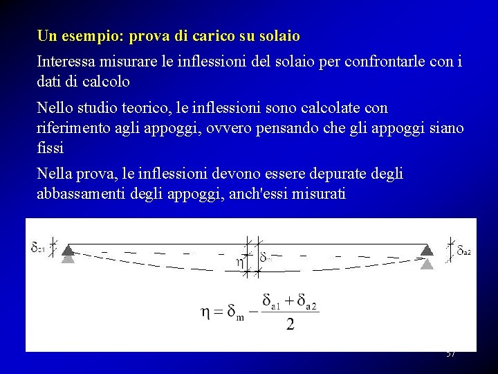 Un esempio: prova di carico su solaio Interessa misurare le inflessioni del solaio per