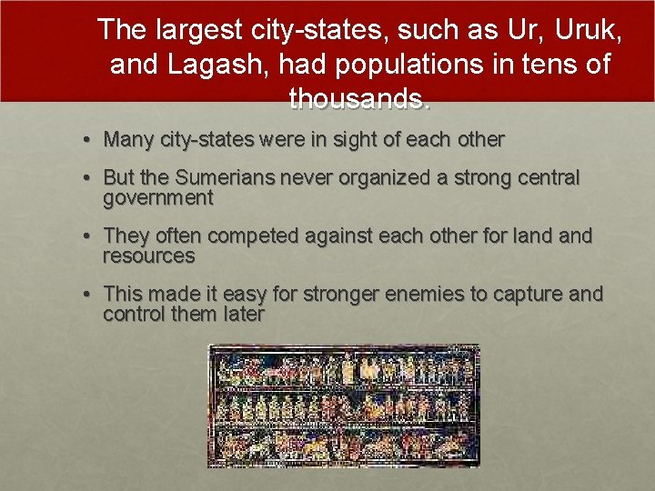 The largest city-states, such as Ur, Uruk, and Lagash, had populations in tens of