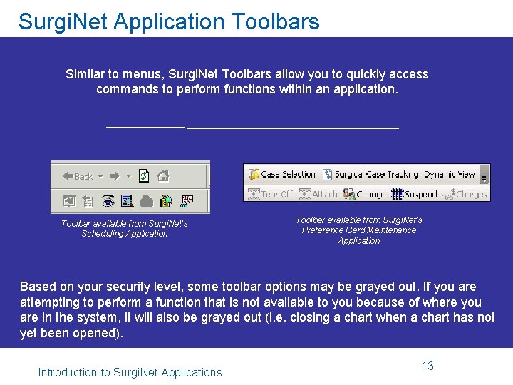 Surgi. Net Application Toolbars Similar to menus, Surgi. Net Toolbars allow you to quickly