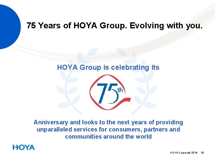 75 Years of HOYA Group. Evolving with you. HOYA Group is celebrating its Anniversary