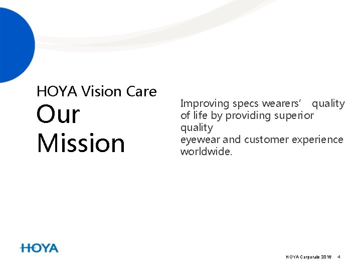 HOYA Vision Care Our Mission Improving specs wearers’ quality of life by providing superior