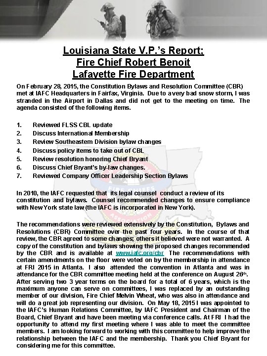 Louisiana State V. P. ’s Report; Fire Chief Robert Benoit Lafayette Fire Department On