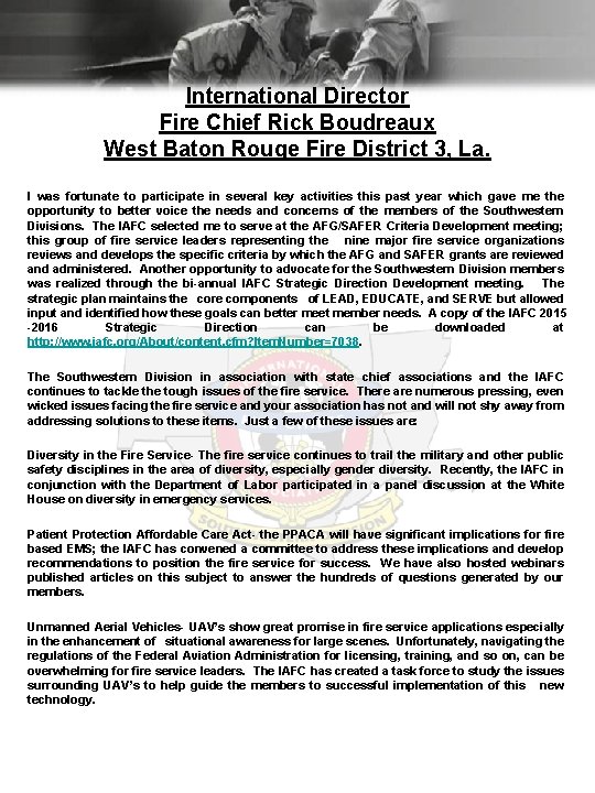 International Director Fire Chief Rick Boudreaux West Baton Rouge Fire District 3, La. I