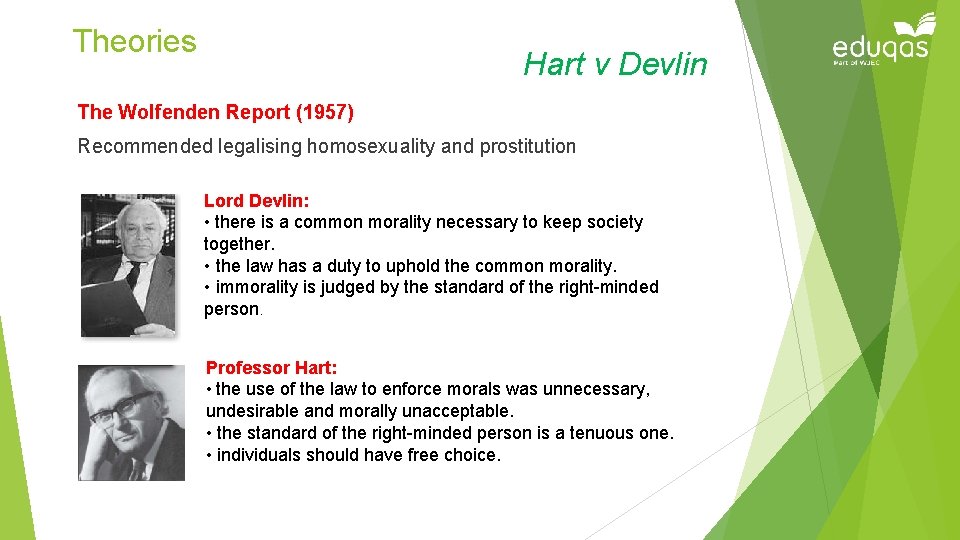 Theories Hart v Devlin The Wolfenden Report (1957) Recommended legalising homosexuality and prostitution Lord