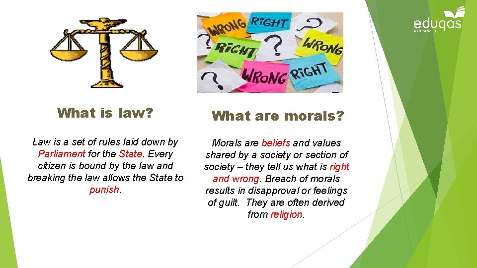 What is law? What are morals? Law is a set of rules laid down