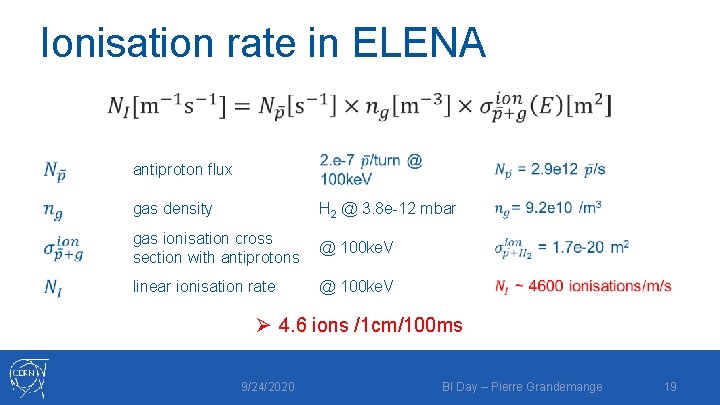 Ionisation rate in ELENA antiproton flux gas density H 2 @ 3. 8 e-12