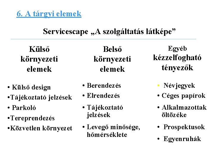 6. A tárgyi elemek Servicescape „A szolgáltatás látképe” Külső környezeti elemek • Külső design