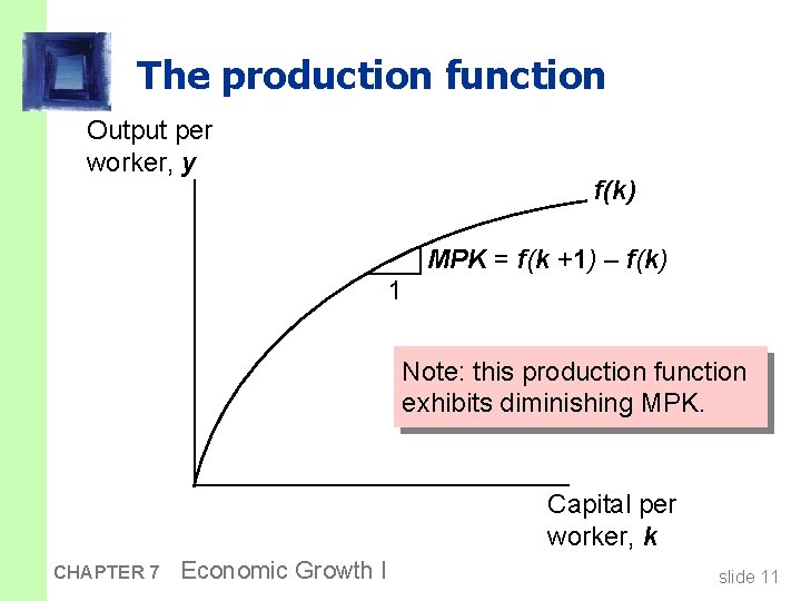 The production function Output per worker, y f(k) MPK = f(k +1) – f(k)