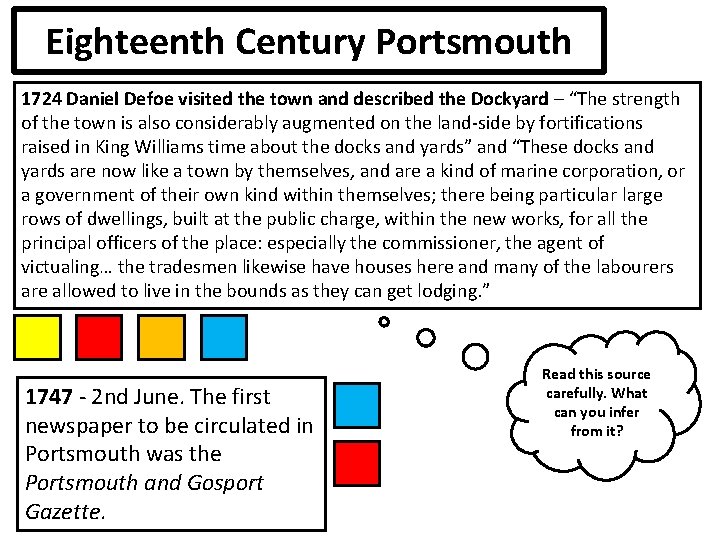 Eighteenth Century Portsmouth 1724 Daniel Defoe visited the town and described the Dockyard –