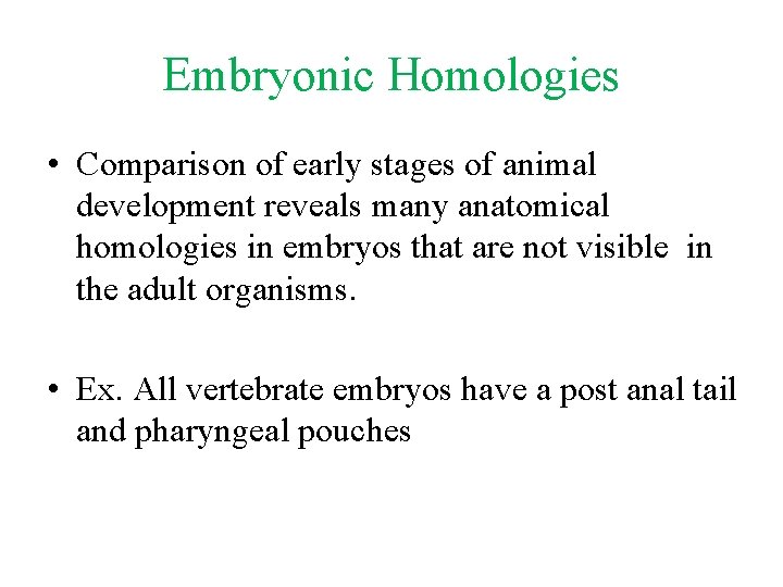 Embryonic Homologies • Comparison of early stages of animal development reveals many anatomical homologies