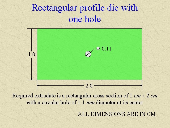 Rectangular profile die with one hole 0. 11 1. 0 2. 0 Required extrudate