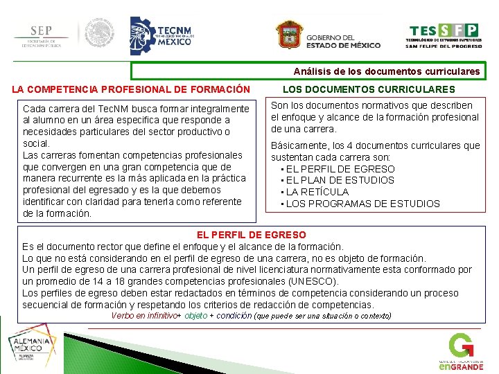 Análisis de los documentos curriculares LA COMPETENCIA PROFESIONAL DE FORMACIÓN Cada carrera del Tec.
