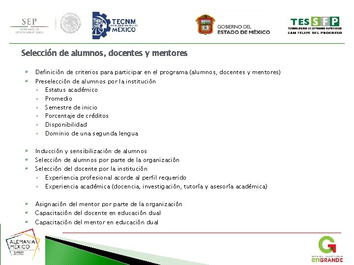 Selección de alumnos, docentes y mentores Definición de criterios para participar en el programa
