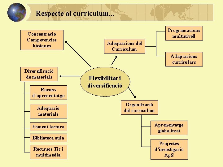 Respecte al currículum. . . Concentració Competències bàsiques Programacions multinivell Adequacions del Currículum Adaptacions