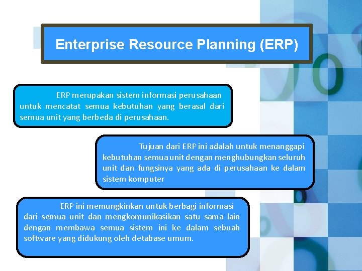 Enterprise Resource Planning (ERP) ERP merupakan sistem informasi perusahaan untuk mencatat semua kebutuhan yang