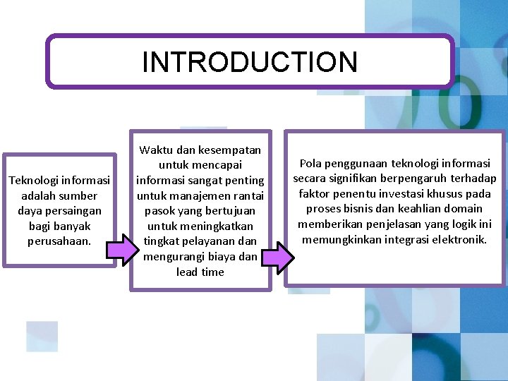 INTRODUCTION Teknologi informasi adalah sumber daya persaingan bagi banyak perusahaan. Waktu dan kesempatan untuk