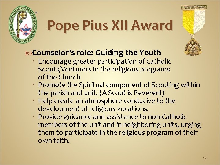 Pope Pius XII Award Counselor’s role: Guiding the Youth Encourage greater participation of Catholic