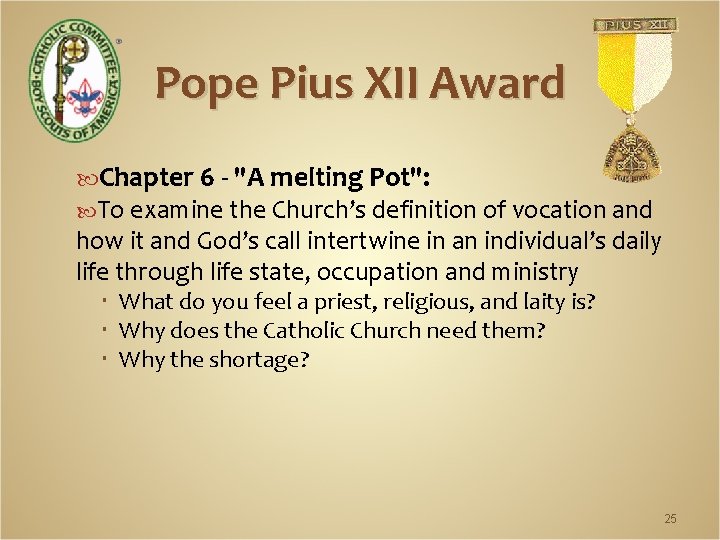 Pope Pius XII Award Chapter 6 - "A melting Pot": To examine the Church’s