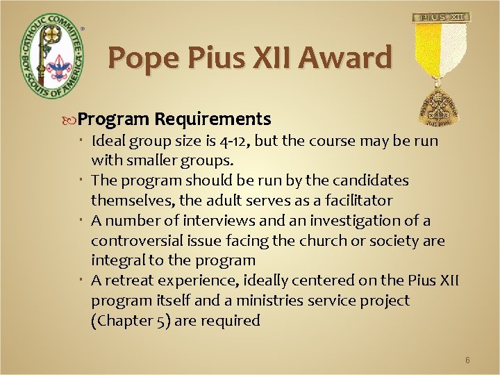 Pope Pius XII Award Program Requirements Ideal group size is 4 -12, but the