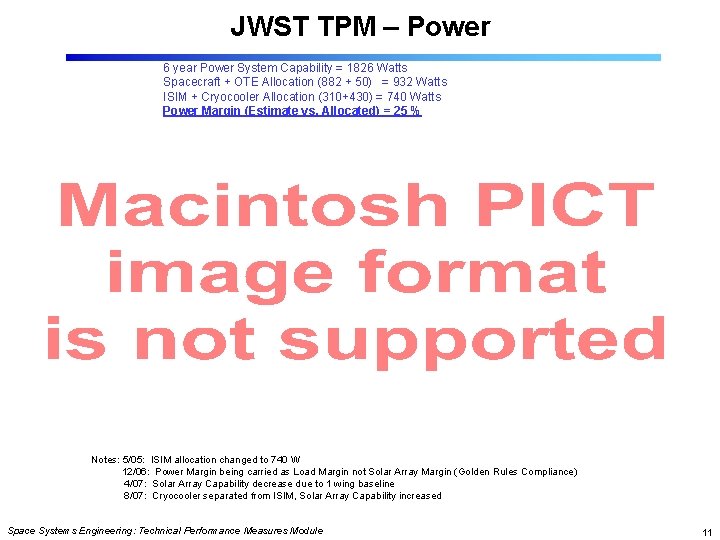 JWST TPM – Power 6 year Power System Capability = 1826 Watts Spacecraft +