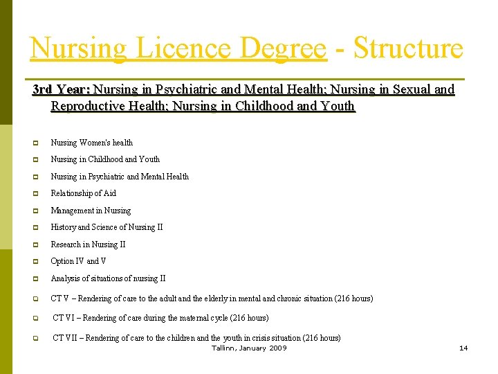 Nursing Licence Degree - Structure 3 rd Year: Nursing in Psychiatric and Mental Health;