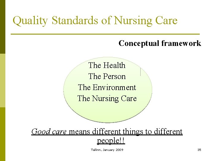 Quality Standards of Nursing Care Conceptual framework The Health The Person The Environment The