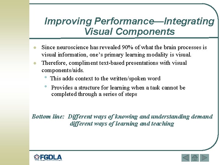 Improving Performance—Integrating Visual Components l l Since neuroscience has revealed 90% of what the