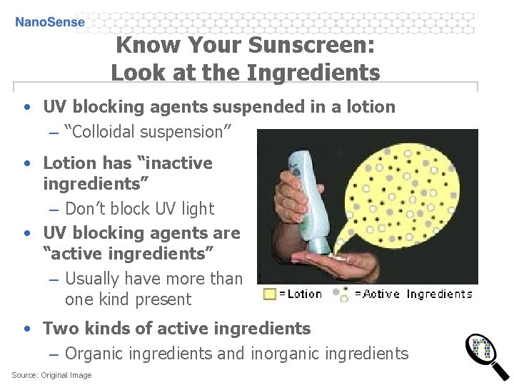 Know Your Sunscreen: Look at the Ingredients • UV blocking agents suspended in a Know Your Sunscreen: Look at the Ingredients • UV blocking agents suspended in a