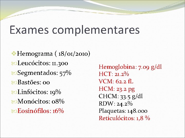 Exames complementares v. Hemograma ( 18/01/2010) Leucócitos: 11. 300 Segmentados: 57% Bastões: 00 Linfócitos: