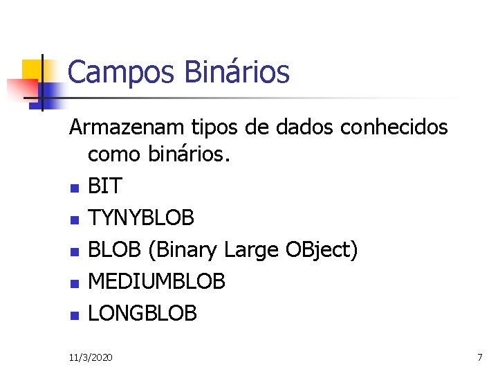 Campos Binários Armazenam tipos de dados conhecidos como binários. n BIT n TYNYBLOB n