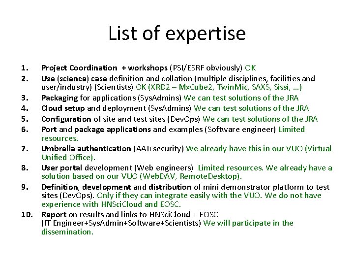 List of expertise 1. 2. Project Coordination + workshops (PSI/ESRF obviously) OK Use (science)