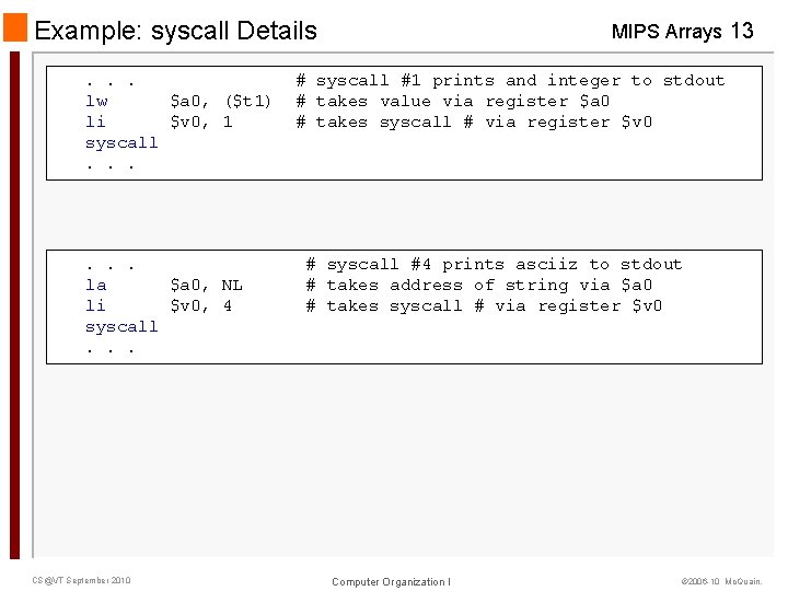 Example: syscall Details. . . lw $a 0, ($t 1) li $v 0, 1