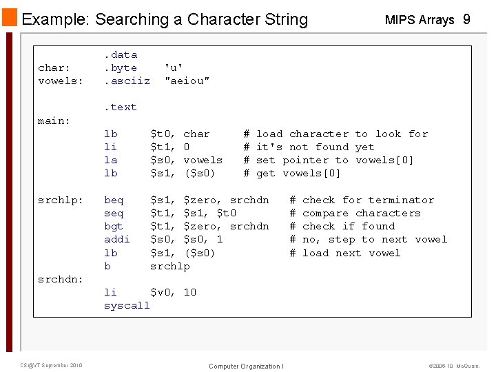 Example: Searching a Character String char: vowels: . data. byte. asciiz MIPS Arrays 9