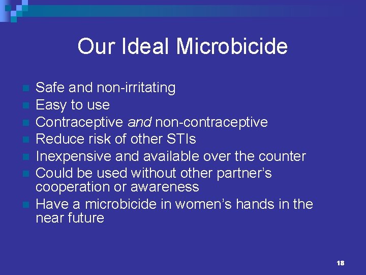 Our Ideal Microbicide n n n n Safe and non-irritating Easy to use Contraceptive