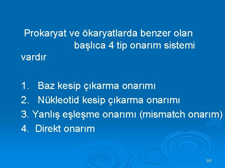  Prokaryat ve ökaryatlarda benzer olan başlıca 4 tip onarım sistemi vardır 1. Baz