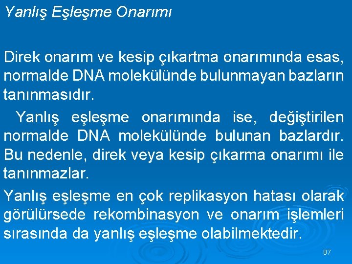 Yanlış Eşleşme Onarımı Direk onarım ve kesip çıkartma onarımında esas, normalde DNA molekülünde bulunmayan