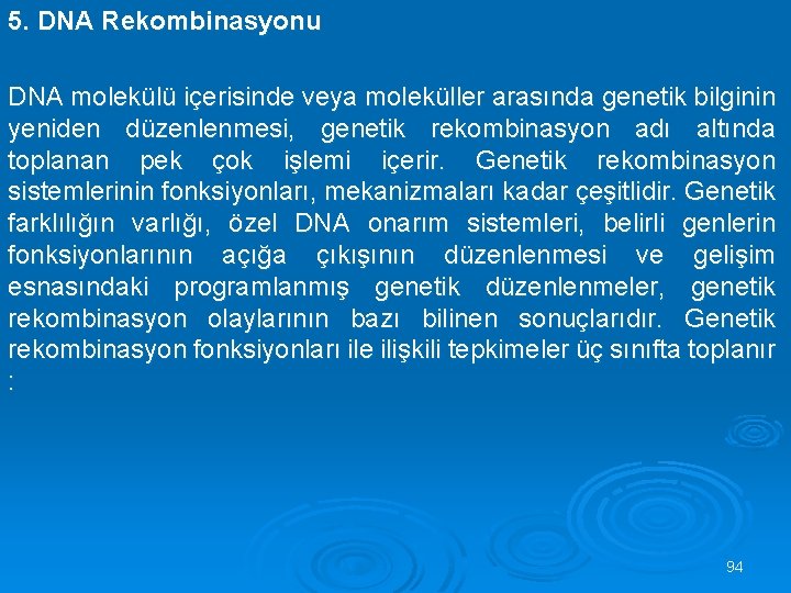 5. DNA Rekombinasyonu DNA molekülü içerisinde veya moleküller arasında genetik bilginin yeniden düzenlenmesi, genetik